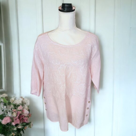 Lungo L'arno Tan Linen Elegant 3/4 sleeve Blouse with Embroidered Bodice Evening - Picture 1 of 5